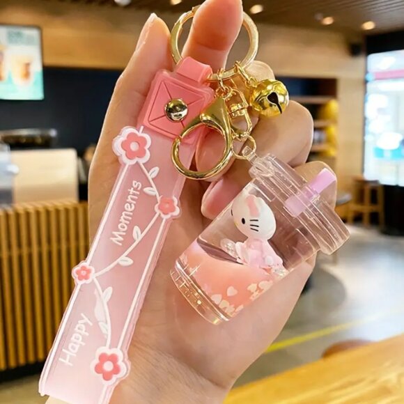 New Hello Kitty Pink Milk Tea Liquid Oil Keychain Bag Charm - Picture 5 of 5